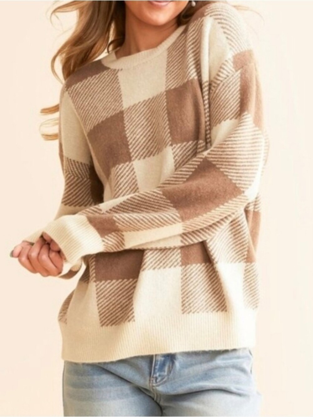 Z SUPPLY Check You Later Cream & Brown Plaid Sweater Pullover M NWT